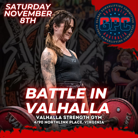 Advertisement for a powerlifting event titled 'Battle in Valhalla' featuring a woman with tattoos and gym equipment.