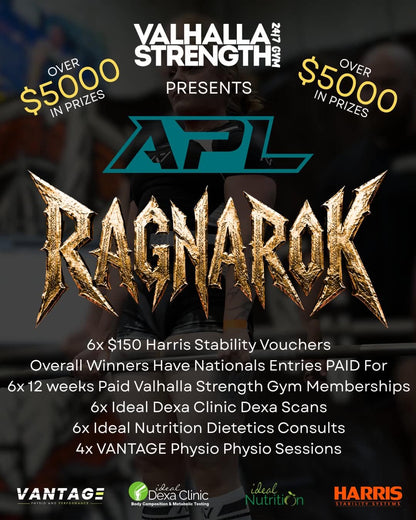 Promotional graphic for a Valhalla Strength  event featuring APL Ragnarok, with prize text 'Over $5000 in Prizes' and a list of included benefits such as Harris Stability Vouchers, Dexa Scans, and Nutrition Consults. Multiple sponsor logos are visible at the bottom.